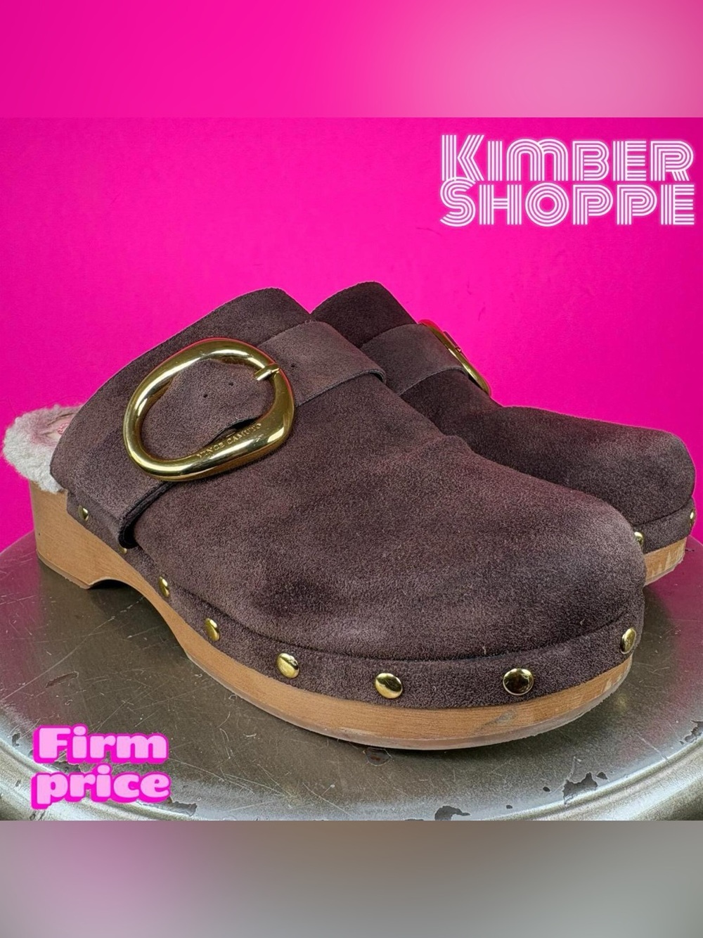 Vince Camuto Canzenee Brown Suede Gold Buckle Faux Fur Mule Clog US 7